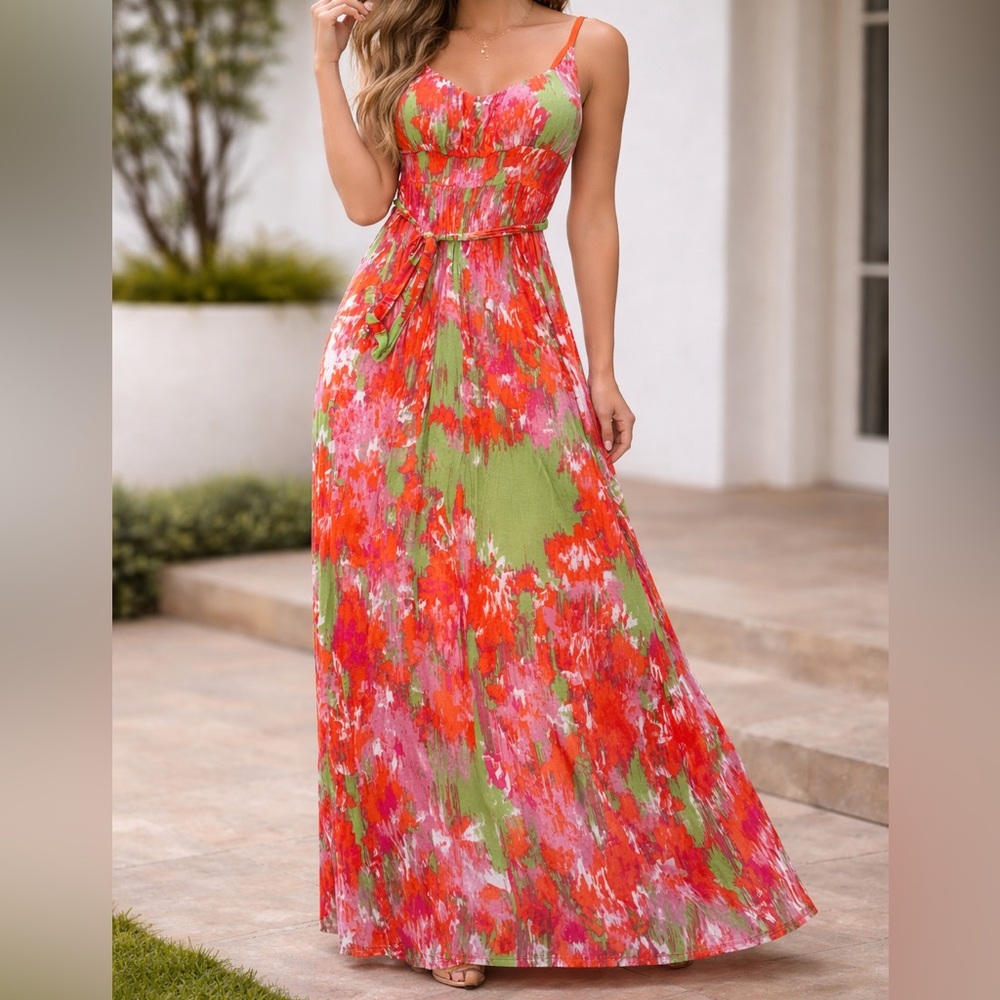 New Directions Sun Dress maxi sleeveless orange green size PL